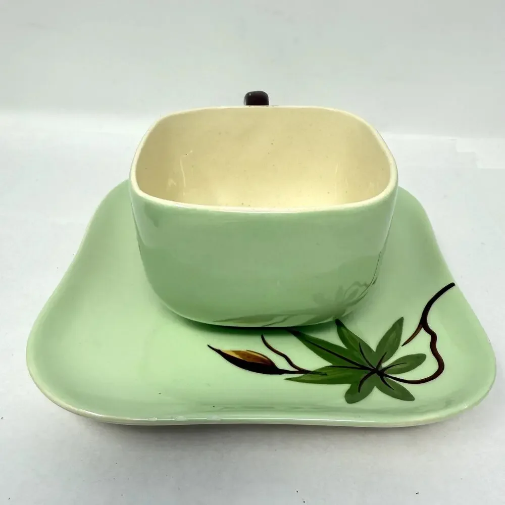 Weil Ware California Pottery Cup & Plate Set Hand Decorated Bamboo Lotus Vintage